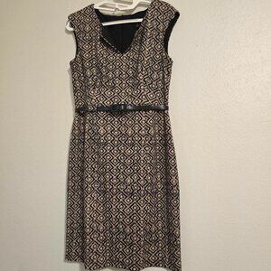 Connected Apparel Midi Dress Size 6 Printed Collarless Sleeveless Stretch Black